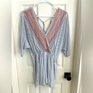 Altr’d State Striped V-Neck Romper with Orange Accents Medium